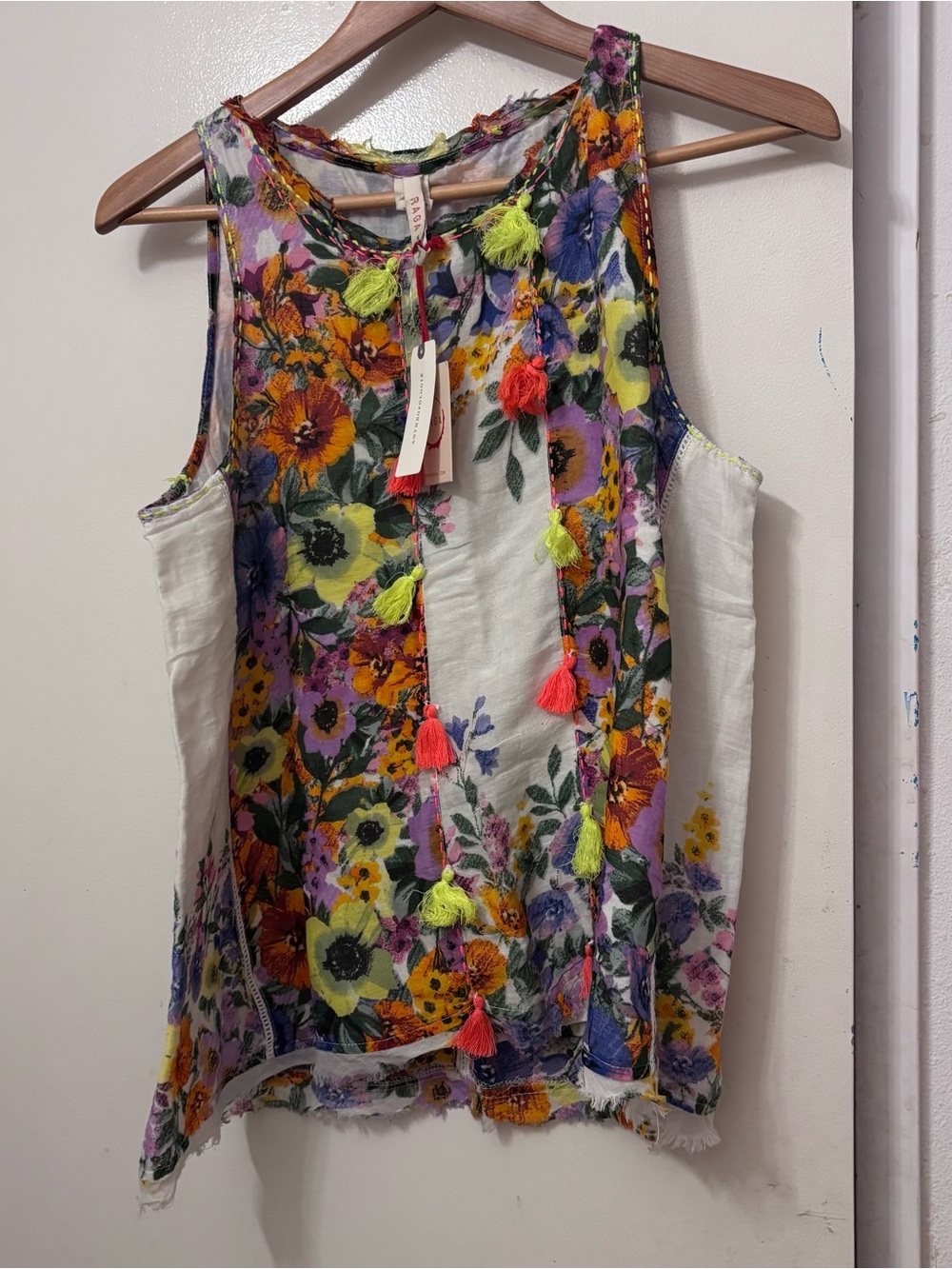 Anthropologie Floral Tassel Tank Top - White with Multicolor Blooms